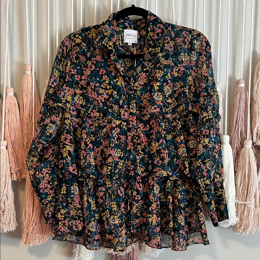MISA Floral Ruffled  Blouse size xs NWT